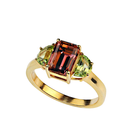 Rare and Unusual Orange Tourmaline accented with Peridot Ring
