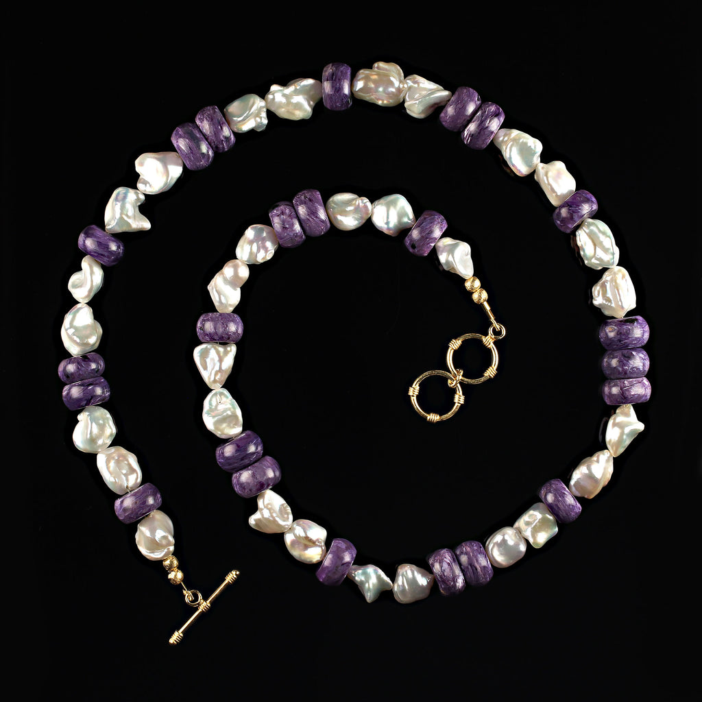 Versatile and Elegant White Pearl and Purple Charoite Necklace