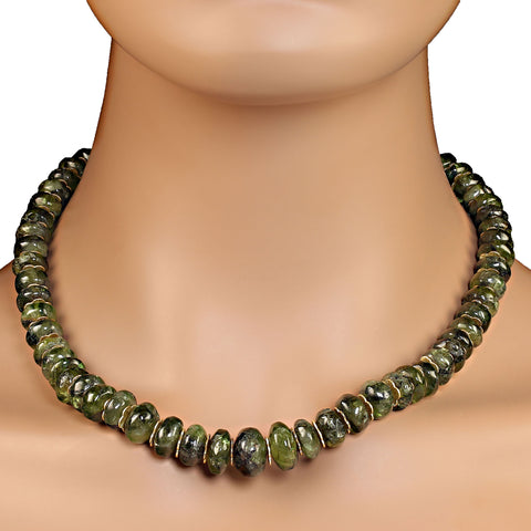 Unique 19 Inch Graduated Green Garnet Rondelle Necklace with goldy accents