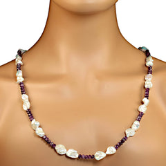 30 Inch Unique White Pearl and Matte Rondelle Ruby Necklace