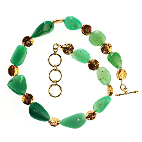 18 Inch Magnificent Chrysoprase Nugget Necklace with goldy accents