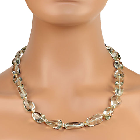 Elegant 22 Inch Praziolite Graduated Nugget necklace with goldy accents