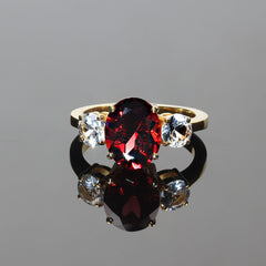 Classic Three stone Gorgeous Garnet and White Sapphire Ring