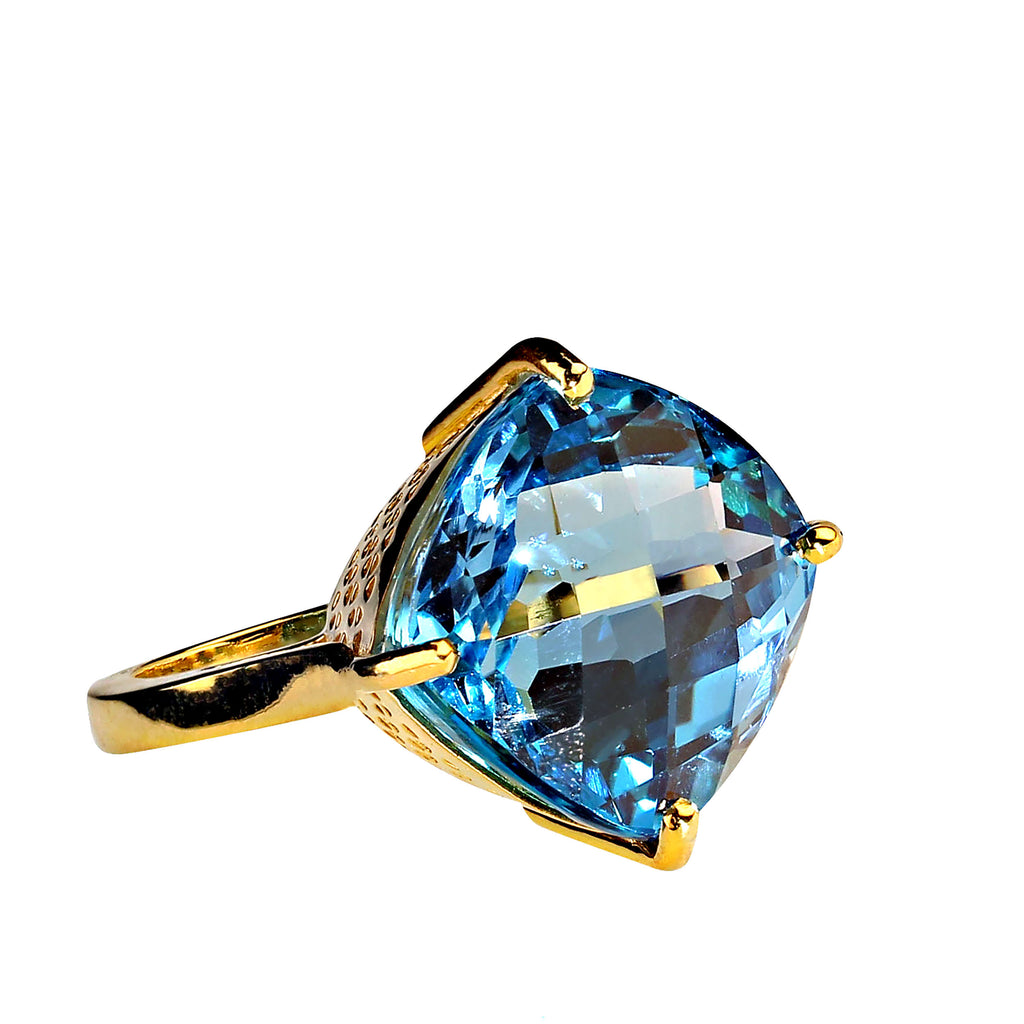 Sparkling Swiss Blue Topaz antique cushion cut in Gold over Sterling Silver ring