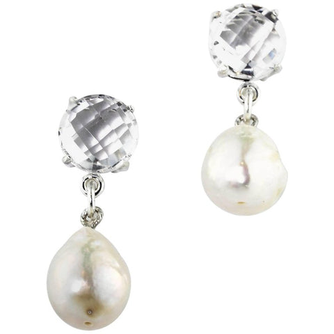 Glittering Quartz and Pearl Sterling silver Stud Earrings