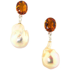 Citrine and Dangling Goldy Pearl Sterling Silver Stud Earrings