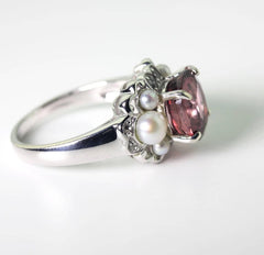 Brilliant Red Zircon and Pearl Ring