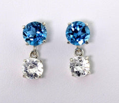 White Zircons dangle from Blue Topaz Sterling Silver Stud Earrings