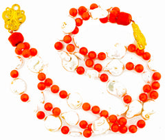 Orange Coral and Coin Pearls Multi-Strand Necklace