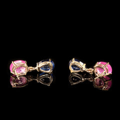 Elegant Pink Sapphire and Blue Kyanite Dangle Earrings in 14K Yellow Gold