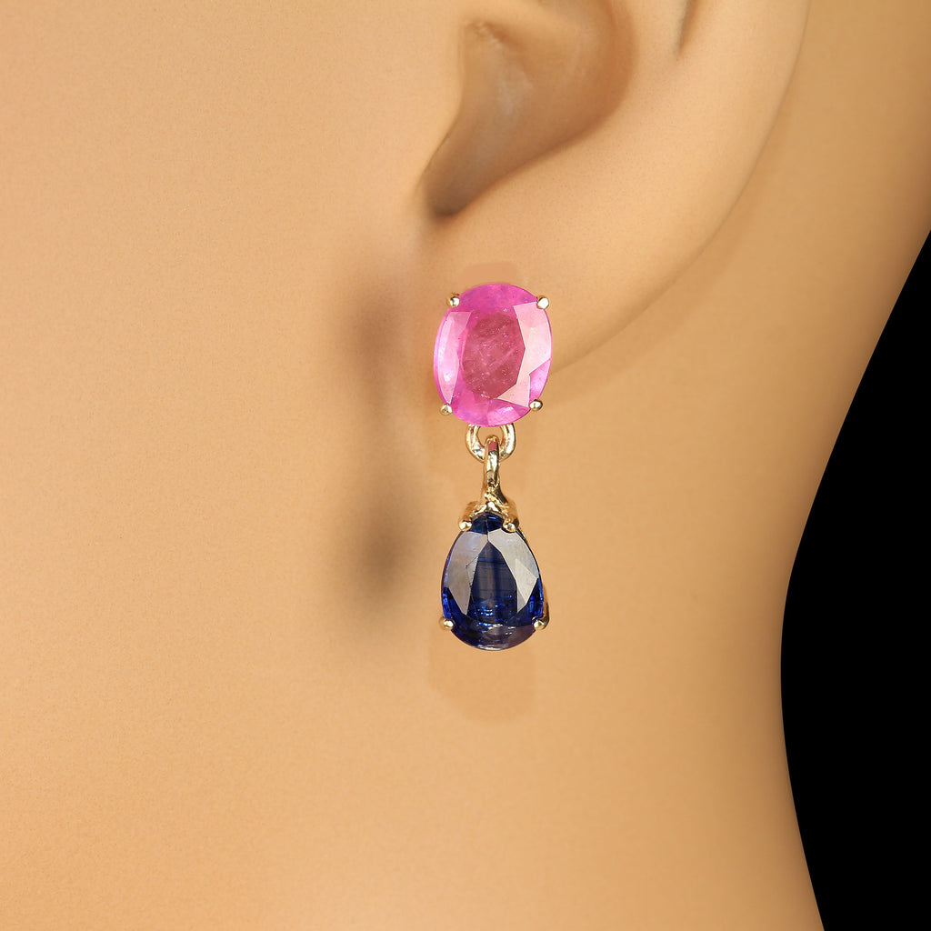 Elegant Pink Sapphire and Blue Kyanite Dangle Earrings in 14K Yellow Gold