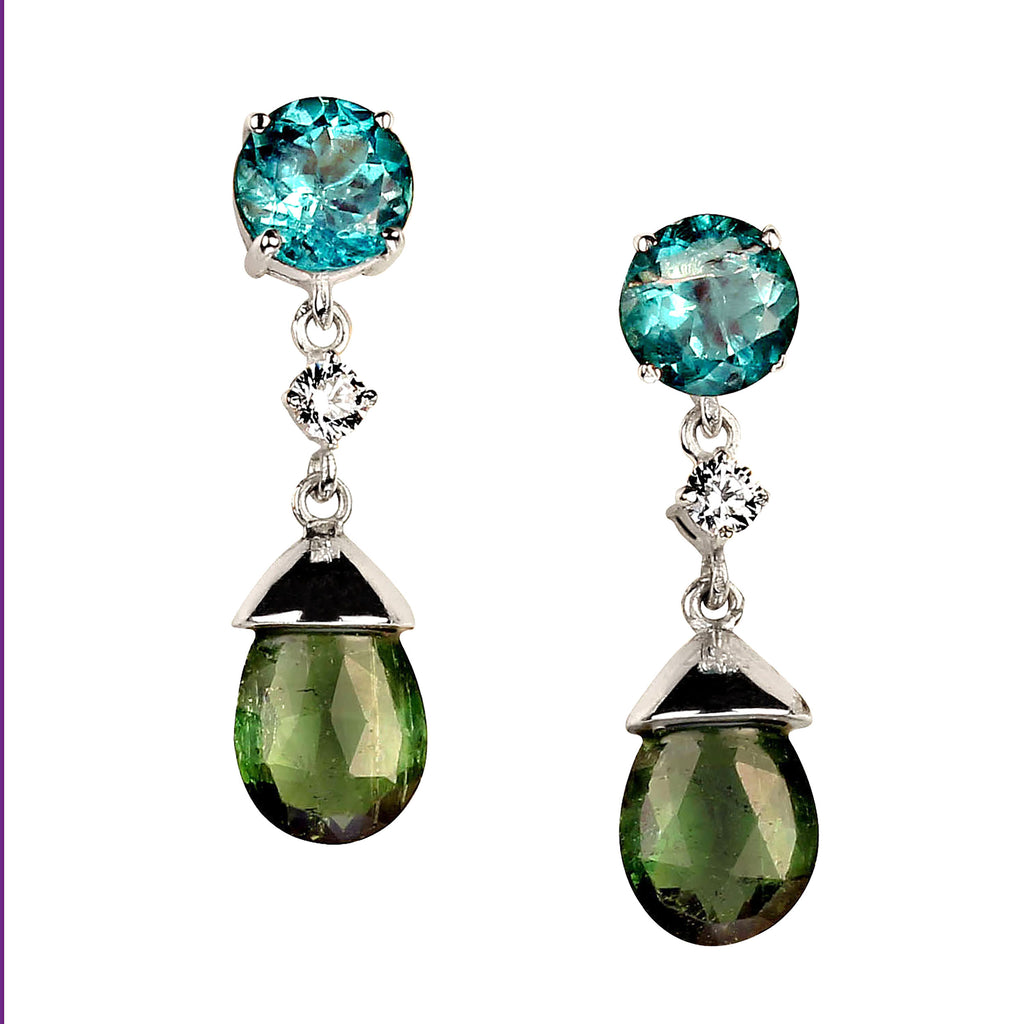 Sparkling Blue Topaz and Green Tourmaline Dangle earrings