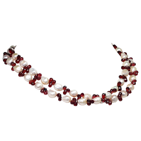 Double-Strand Freshwater Pearl and Rhodolite Garnet Necklace