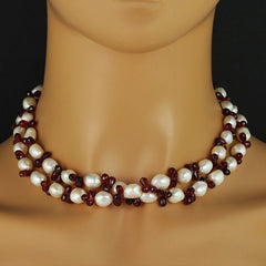 Double-Strand Freshwater Pearl and Rhodolite Garnet Necklace