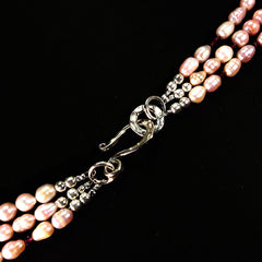 Three strand mauve Pearl and rhodolite Garnet necklace with Sterling Clasp