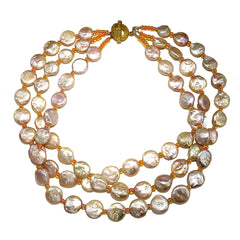 Triple strand Coin Pearl necklace in peachy/pink with peach accents