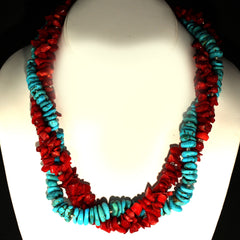 21 Inch Triple strand necklace of Southwest Style Red Coral and Hubei Turquoise