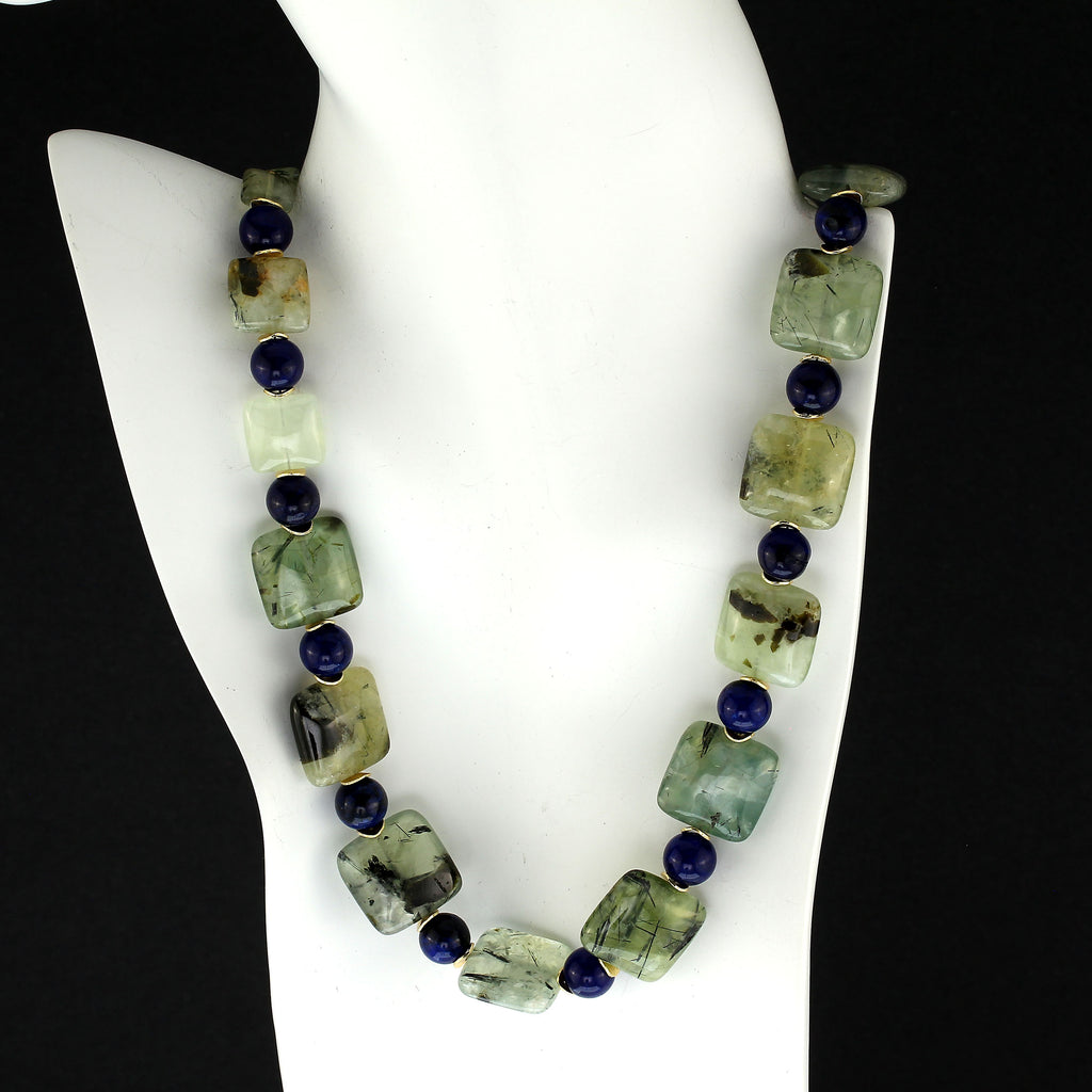 24 Inch Glowing Green Prehnite with Blue Agate Necklace