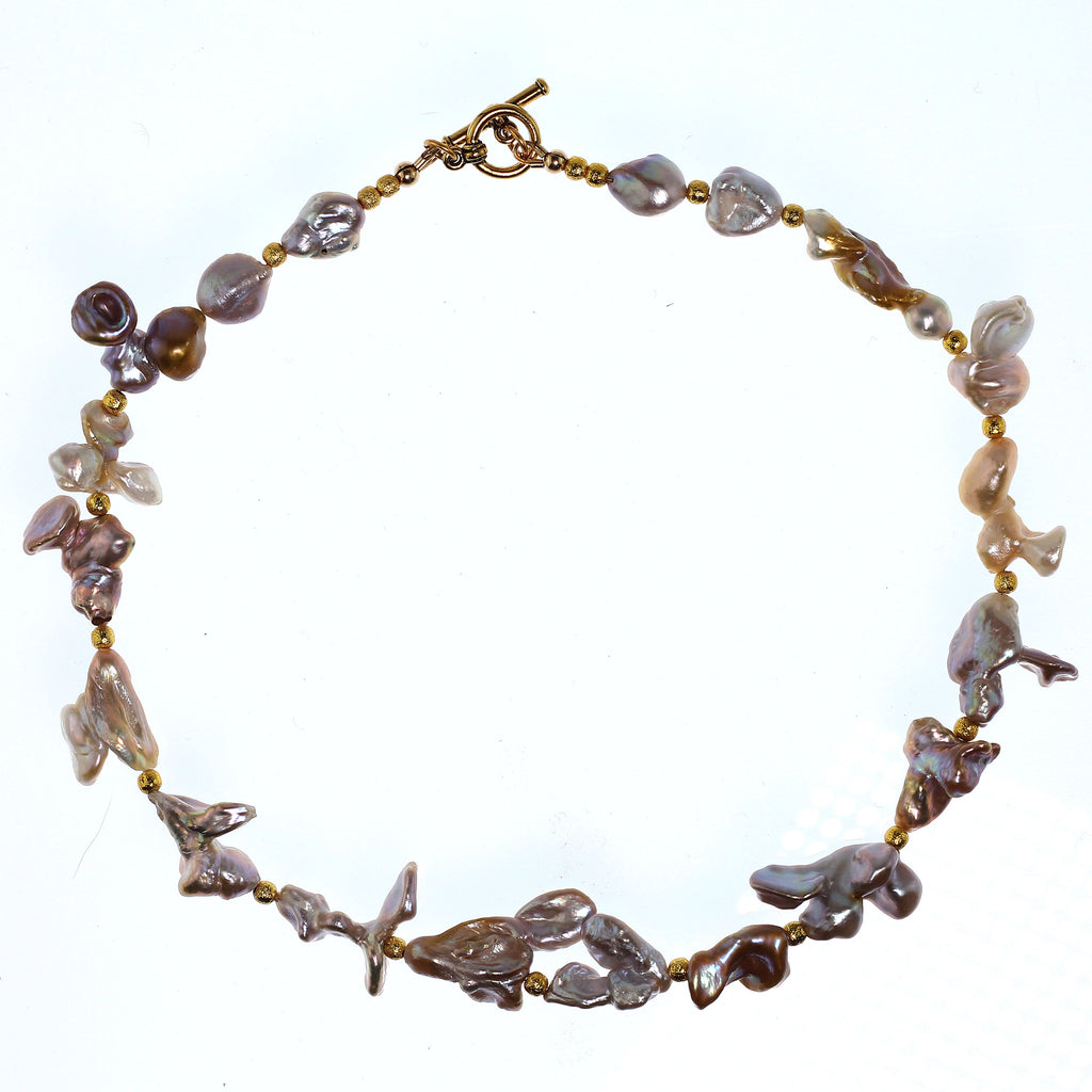 Choker necklace of Wild Funky Shaped Silvery Pearls with Golden Accents