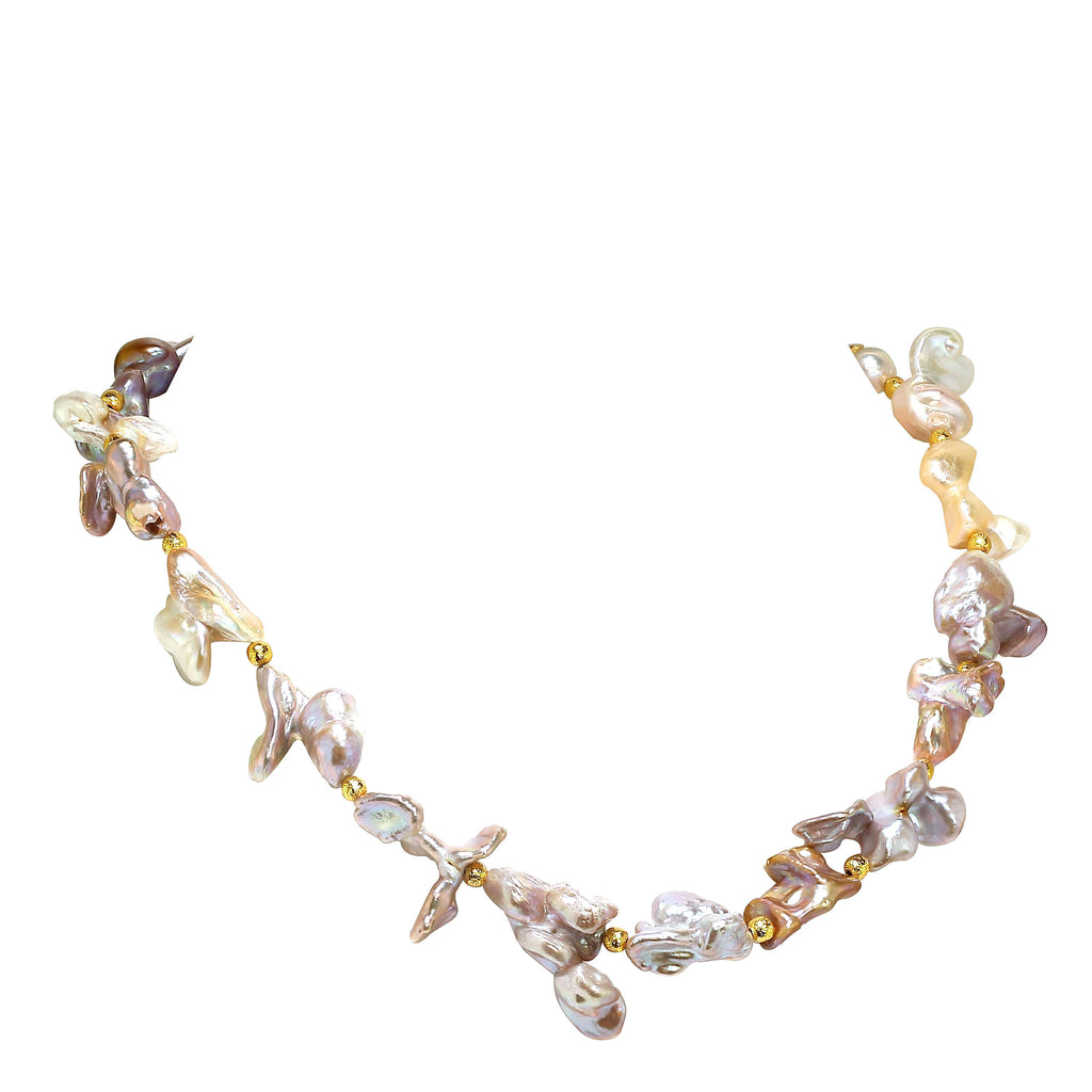 Choker necklace of Wild Funky Shaped Silvery Pearls with Golden Accents