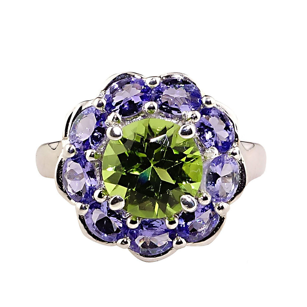 Sparkling Cocktail Ring of Green Peridot in Tanzanite Halo Sterling Silver