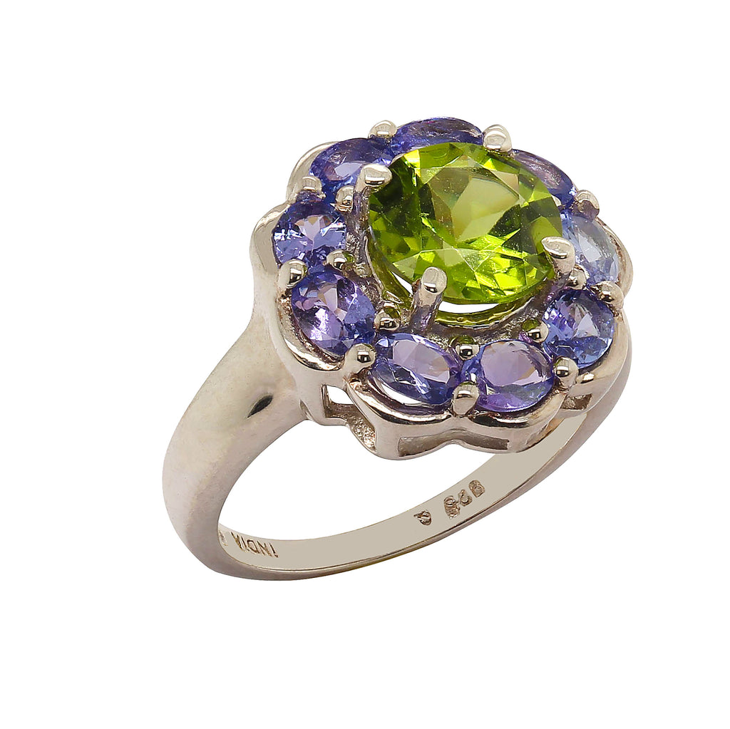 Sparkling Cocktail Ring of Green Peridot in Tanzanite Halo Sterling Silver