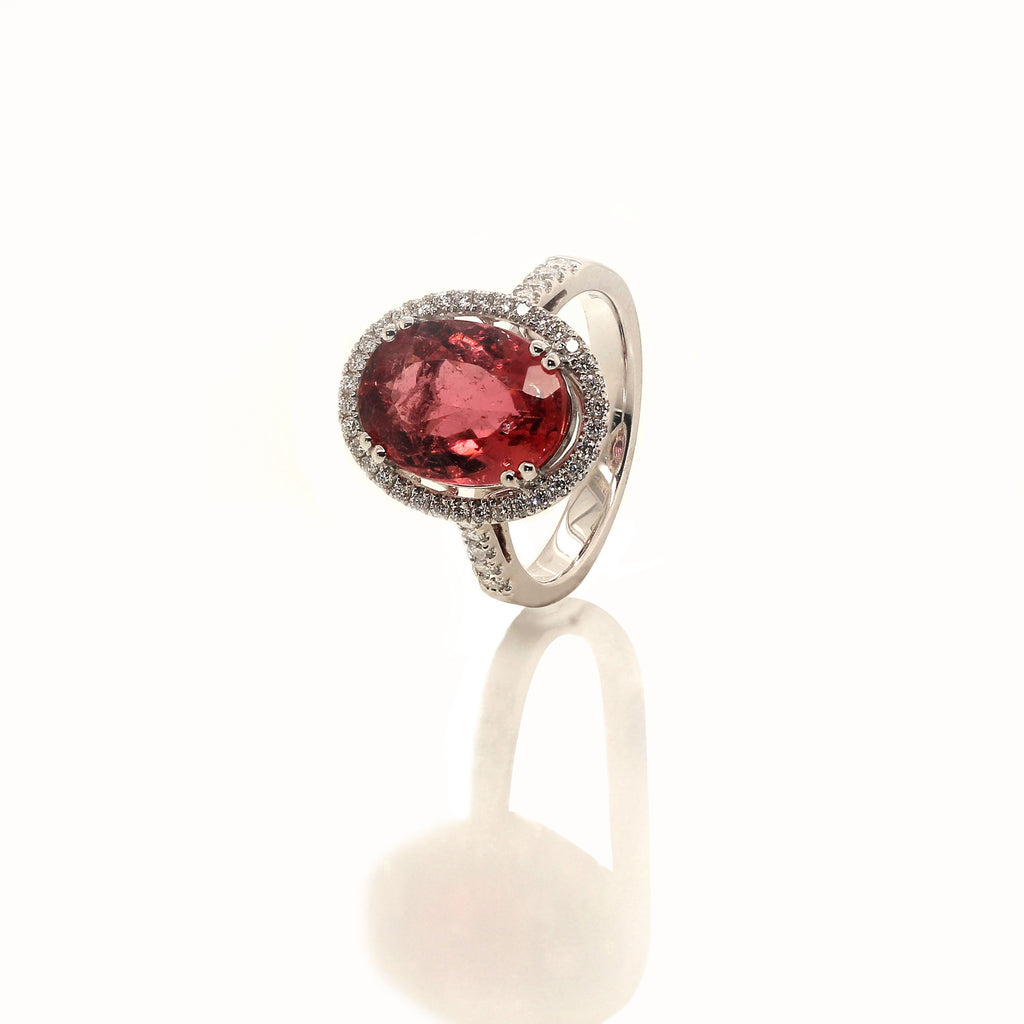 Oval Pink Tourmaline Halo Set in Diamonds and White Gold Ring
