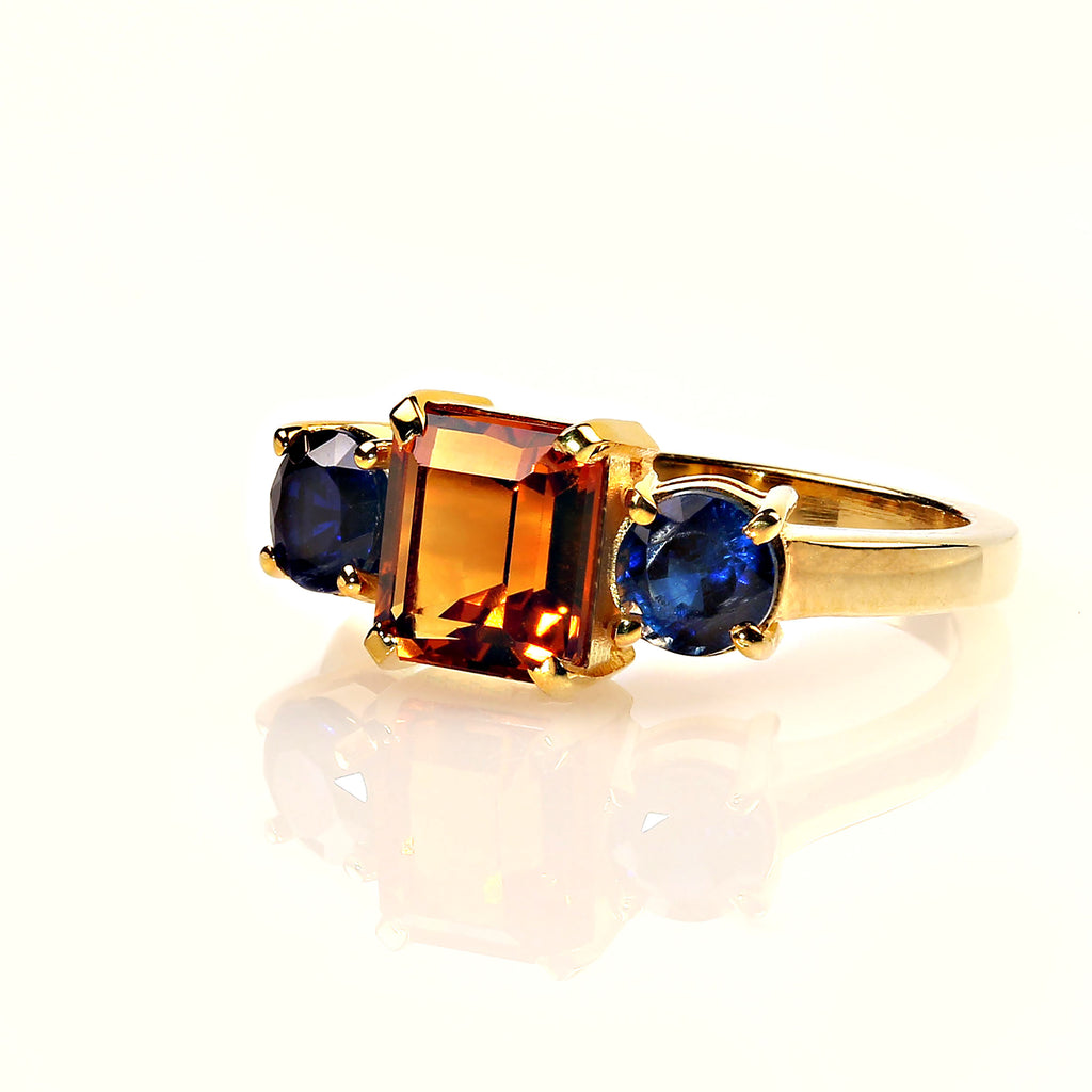 Elegant Emerald cut Citrine accented with round Blue Kyanite Ring
