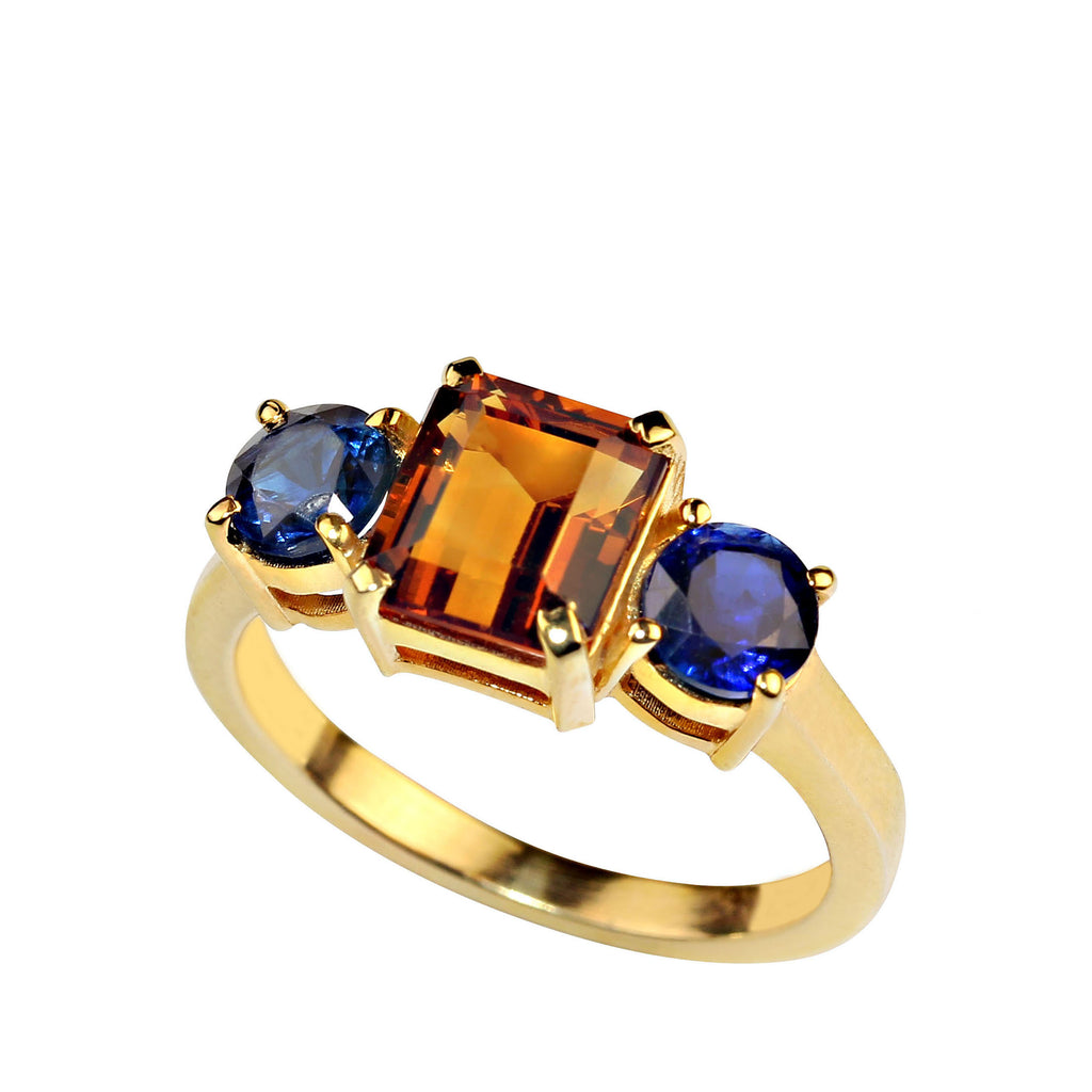 Elegant Emerald cut Citrine accented with round Blue Kyanite Ring