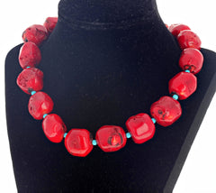Unique Red Bamboo Coral and Turquoise Necklace