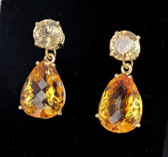 Citrine & Zircon Dangle Gold Stud Earrings