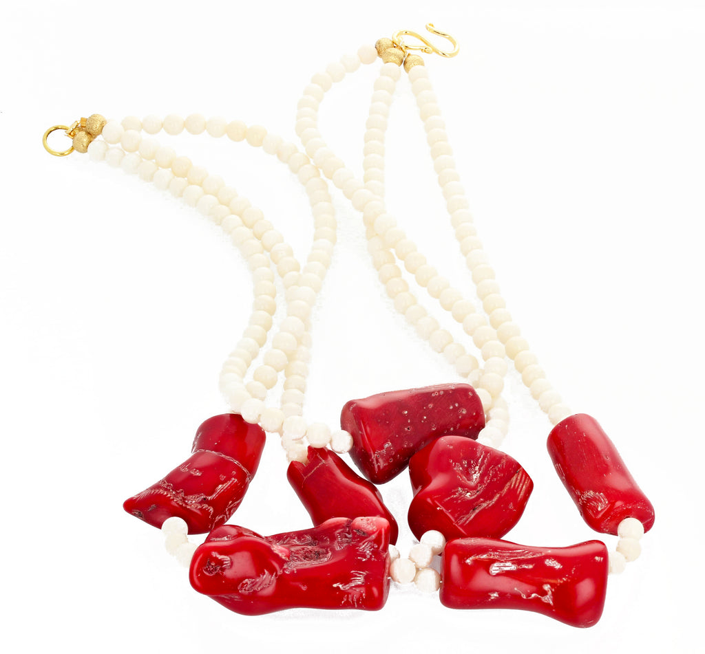 Red Coral and White Coral Triple Strand Necklace