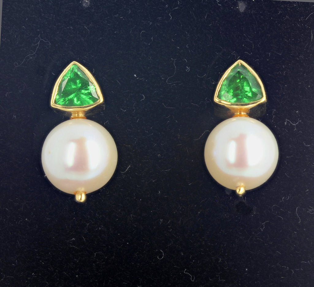 Green Tsavorite Garnet and White Pearl Gold Earrings