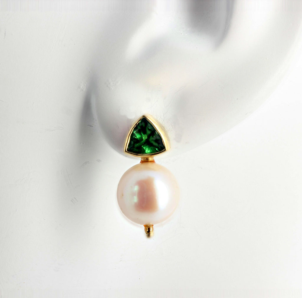 Green Tsavorite Garnet and White Pearl Gold Earrings