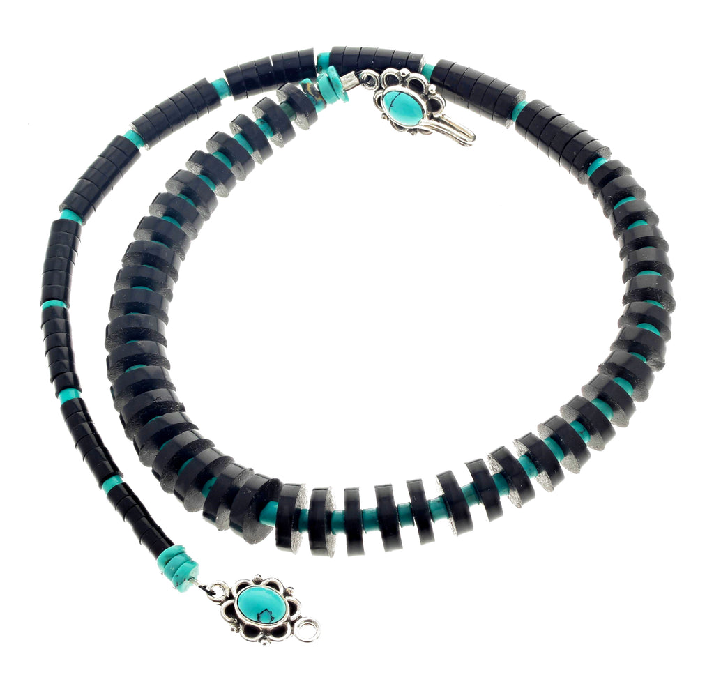 Unique Jet and Turquoise Necklace with Sterling Silver Turquoise Clasp