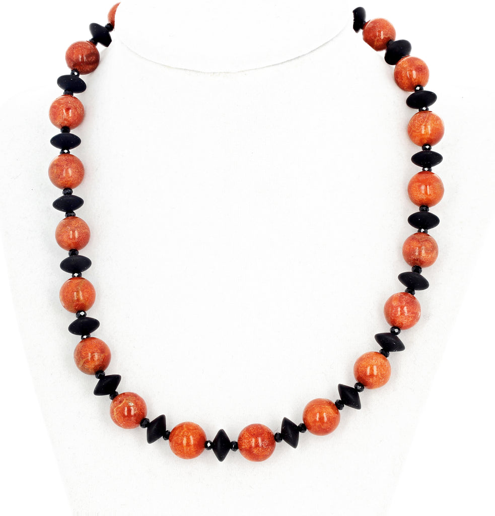 Red Bamboo Coral and Black Onyx Necklace