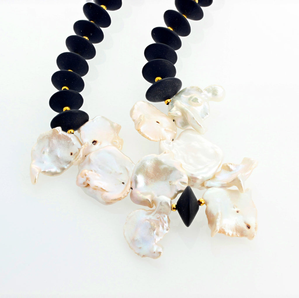 Real Cultured Pearls and Black Onyx Necklace