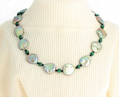 Coin Pearls, Malachite, Spinel Necklace