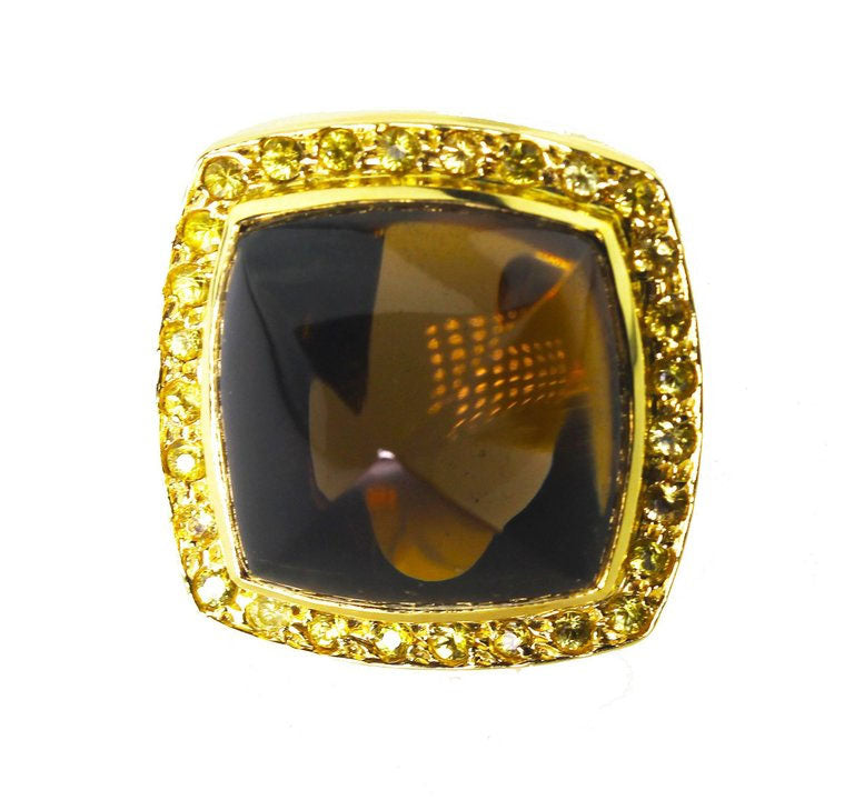 Smoky Quartz and Sapphire 18K Yellow Gold Ring